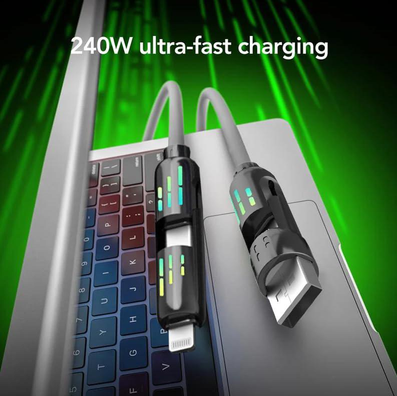 240W 4 in 1 USB-C Fast Charging Cable, Lightning USB A Type C, With Breathing Light, Compatible with iPhone, iPad, Samsung, Laptops Charger Smartphone Cellphone Electronic