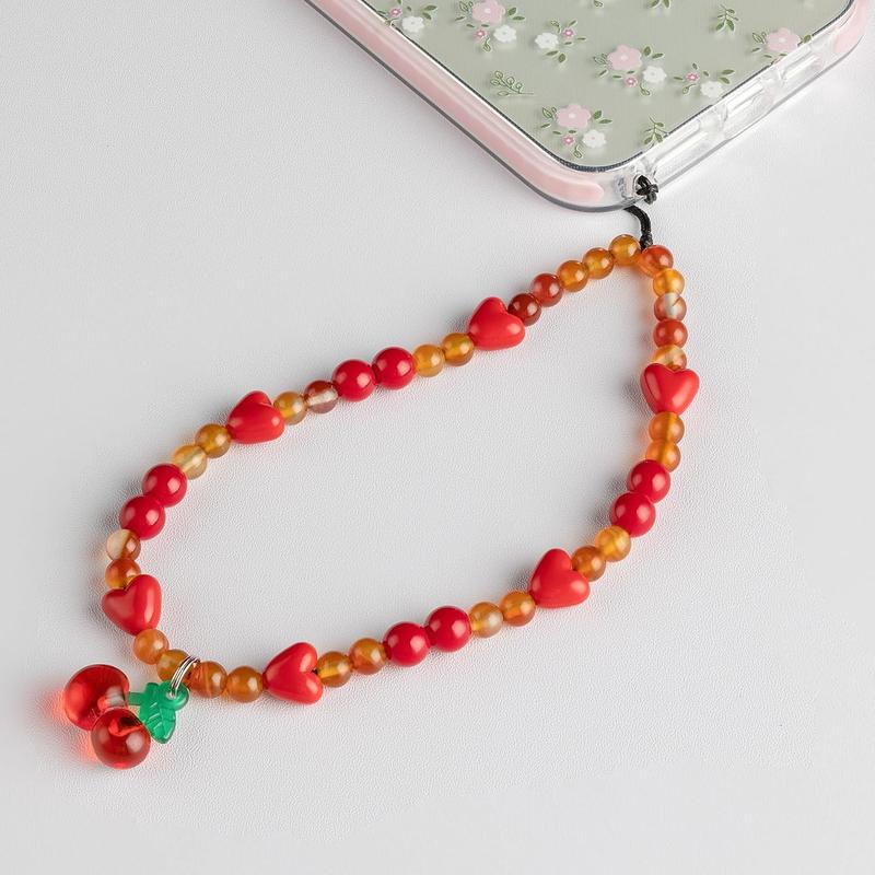 Phone Charm Strap, Universal Cute Cherries Cell Phone Lanyard Wrist Strap,  Agate Stone and Artifical Red Bead Phone Chain String Phone Case Accessories for Girls Women