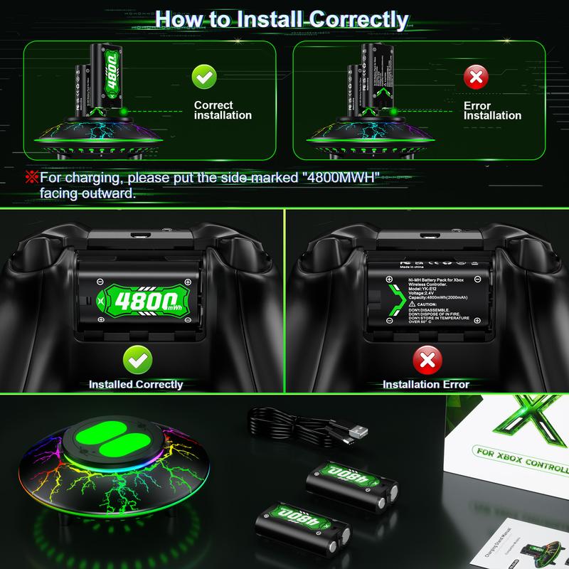 Ponkor Lightning 2×4800mWh Rechargeable Battery Pack for Xbox Controllers High-Capacity, Long-Lasting, Fast Charging, Rechargeable Batteries with 6-LED Mode Charging Dock, Compatible with Xbox One, Xbox One Elite, Xbox One S X and Xbox Series S X, Console