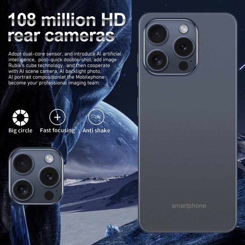 QEKHot selling  15 intelligent Pro Max phone, 7.6-inch 16+1TB8 core processor, cell high-definition screen, front camera, 2 million pixels fixed focus, rear camera, 16 million pixels autofocus battery, 3800mAh Android mobile phone. Limited time promotion