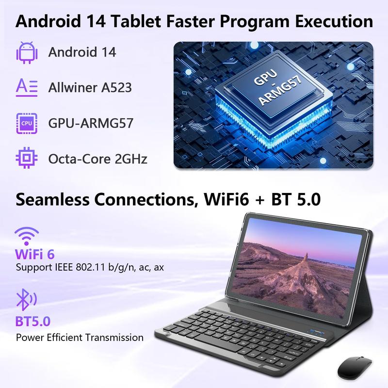 2024 Newest Android 14 Tablet, Octa-Core Processor+64GB+8GB 512GB Expandable, 10 inch Tablet WiFi 6 +BT 5.0, 18MP HD Camera Tablets with 7000mAh Battery, 2 in 1 Tablet with Keyboard Case Mouse Stylus