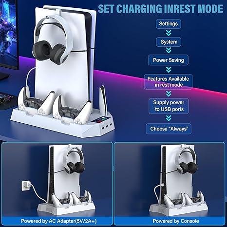 PS5   PS5 Slim Stand and Cooling Station with Dual Controller Charging Station for PlayStation 5 Console, PS5 Accessories Controller Charger, Cooling Fan, Headset Holder, 3 USB Hub