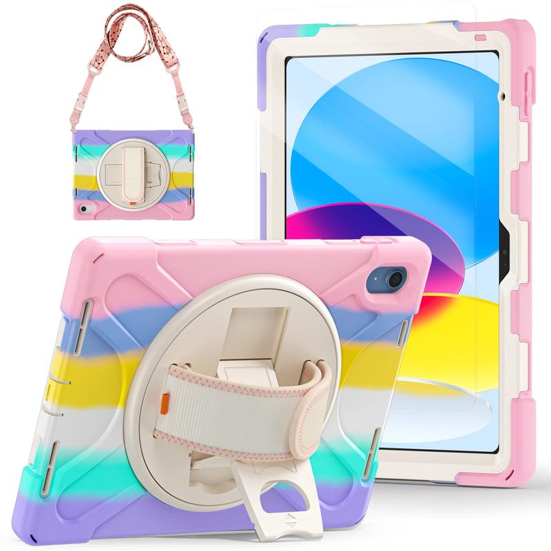 Colorful Pink Girls Case for iPad 10th Gen 10.9 10.2 Air Pro Mini 2024, Samsung A9 Plus A8 A7 Lite, Cute Kawaii Pinki Padcase with Pen Holder, Handsfree Stand, Hand Strap, Shoulder Strap, Heavy Duty, Full Body Protection.