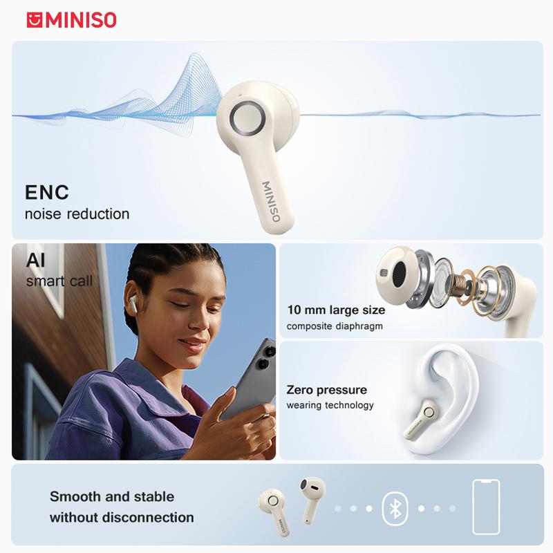 MINISO X52 Bluetooth Earphone wireless Headphones with Mic Long Battery Life Clear Calls Headsets IPX5 Waterproof Earphones Touch Control Earbuds Support Android IOS