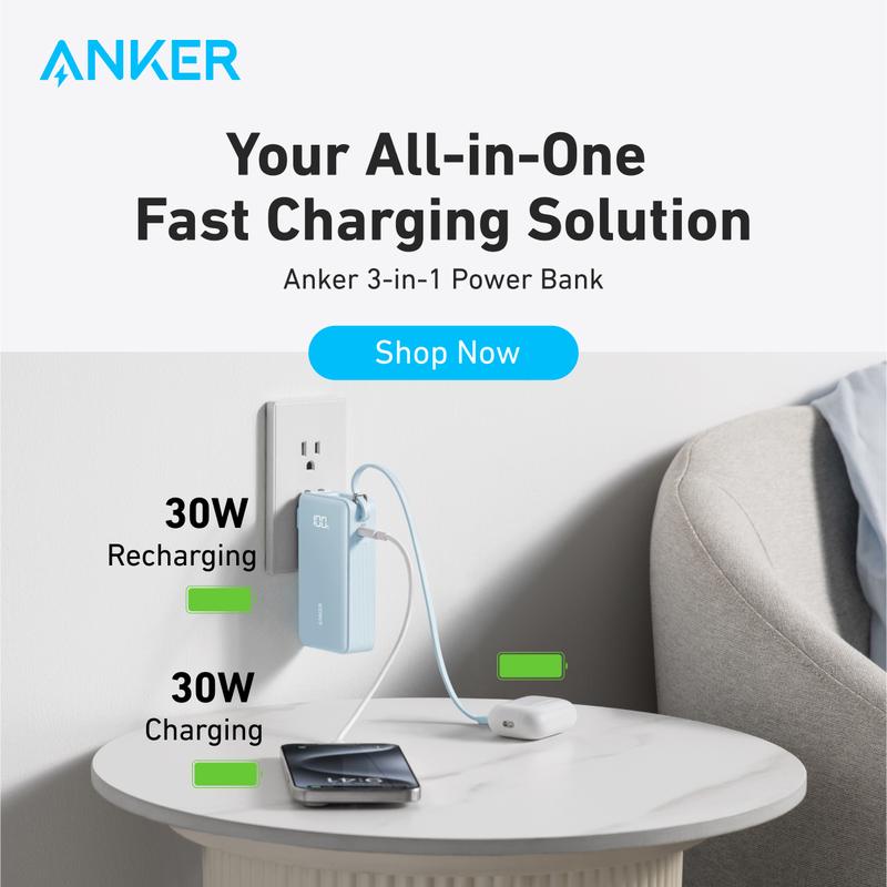 [Black Friday Deal] Anker 3in1 Portable Phone Charger, 10,000mAh Power Bank with Built-in Cable and Foldable AC Plug, 30W Max Compact Battery Pack, Travel Essentials for iPhone 15 Series, Galaxy, MacBook, Smartphone Devices Charging