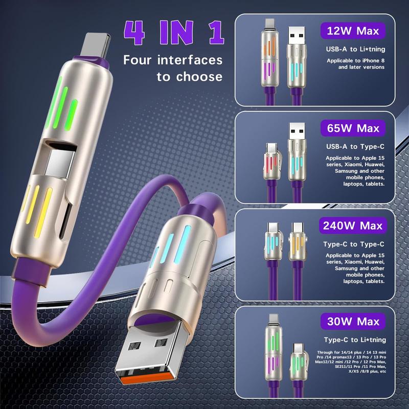 5 feet long 4-in-1 Multi USB ChargingCablewith USB A,Type C,Lightning -MAX240W Fast Charging & Data SyncforiPhone 16 15,iPad Pro, Samsung&Laptops