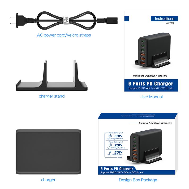 USB Charger, 6-Ports Fast Charging Power Adapter, Multi Ports Quick Charge Station for Home Office Travel Devices Portable