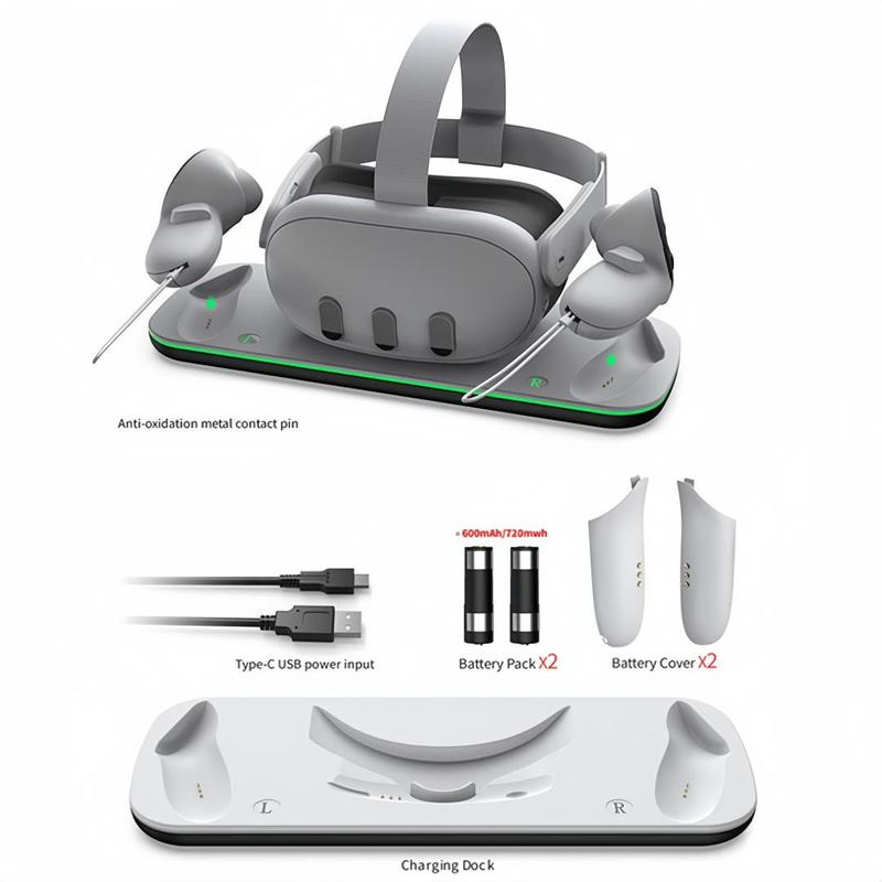 Charging Dock for Mate Quest 3, Magnetic Charging Station with 2 Rechargeable Batteries for Quest 3 VR Headset & Controllers, Console Accessories