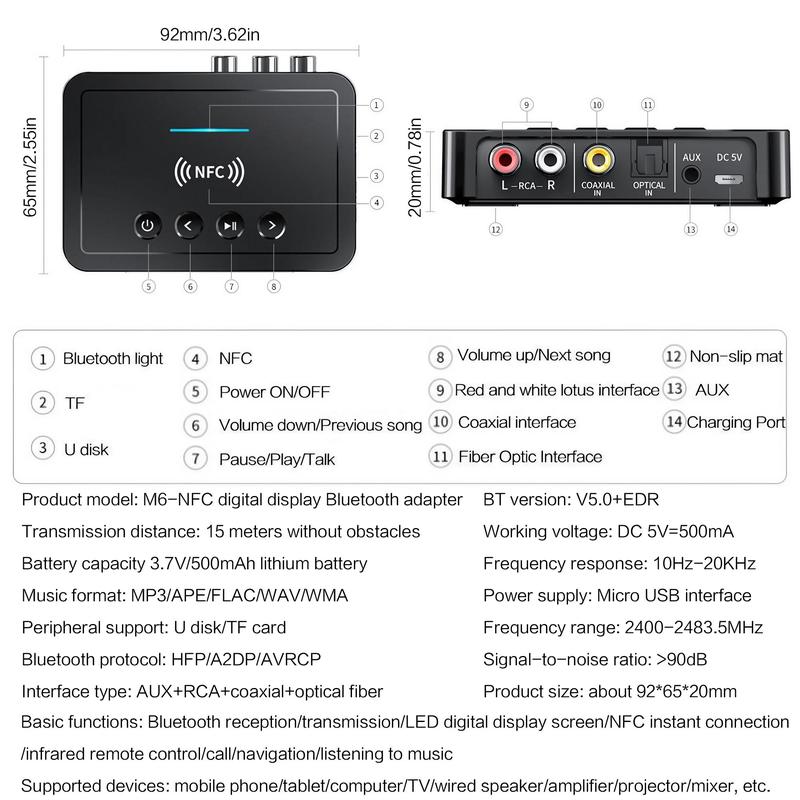 3 in 1 NFC BT5.0 Adapter, Multifunctional Low Latency Adapter with Digital Display & Remote Control for Car Stereo TV PC Home Theater Projector