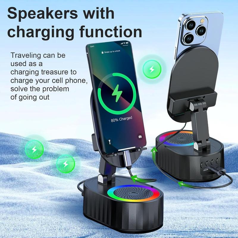 5in1 Phone Holder Emergency Rechargeable (3000mAh),Wireless Induction Audio Bluetooth Speaker  with Colorful Ambient Light 300° Foldable for Tablet iPhone Android, Gifts for Men Women (Black)