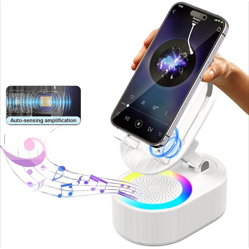 5in1 Phone Holder Emergency Rechargeable (3000mAh),Wireless Induction Audio Bluetooth Speaker  with Colorful Ambient Light 300° Foldable for Tablet iPhone Android, Gifts for Men Women (Black)