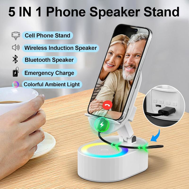 5in1 Phone Holder Emergency Rechargeable (3000mAh),Wireless Induction Audio Bluetooth Speaker  with Colorful Ambient Light 300° Foldable for Tablet iPhone Android, Gifts for Men Women (Black)