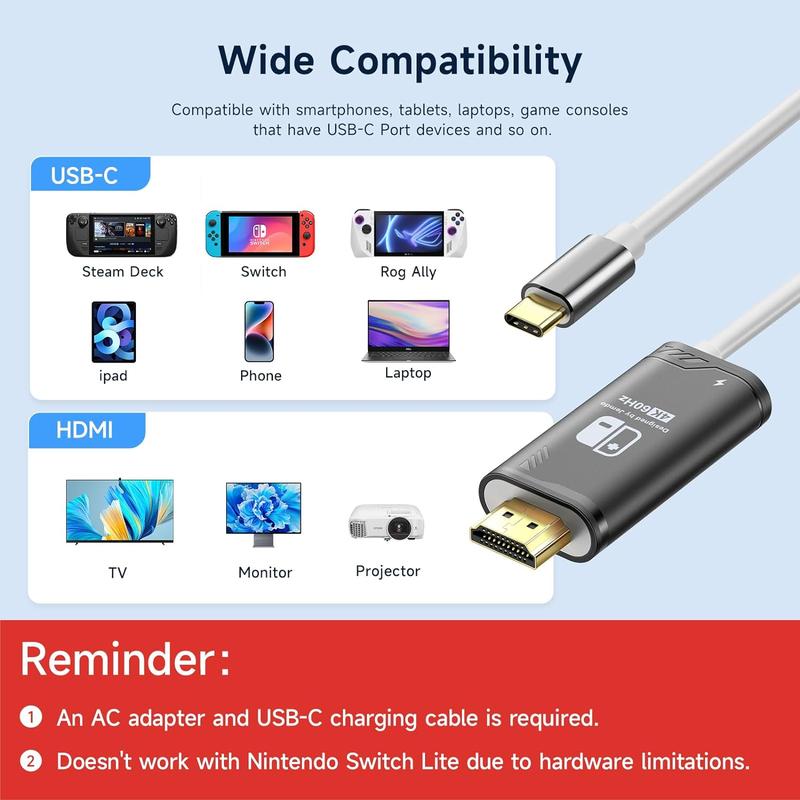 Jemdo Switch screen casting cable, HDMI to Type-C, for connecting Switch of mobile phone to TV with 4K high-definition screen casting Portable Port Usb Chargeable