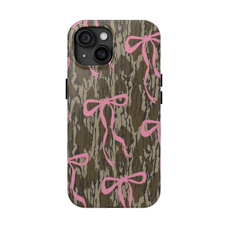 Camo Tough Case for iPhone, Mossy Oak Cute Pink Ribbon Bottomland Phone Case iPhone 16 15Pro, 14, 13, 12, 11, 8, XR Mini, Pro Max, Plus Accessories Protection Aesthetic Shockproof