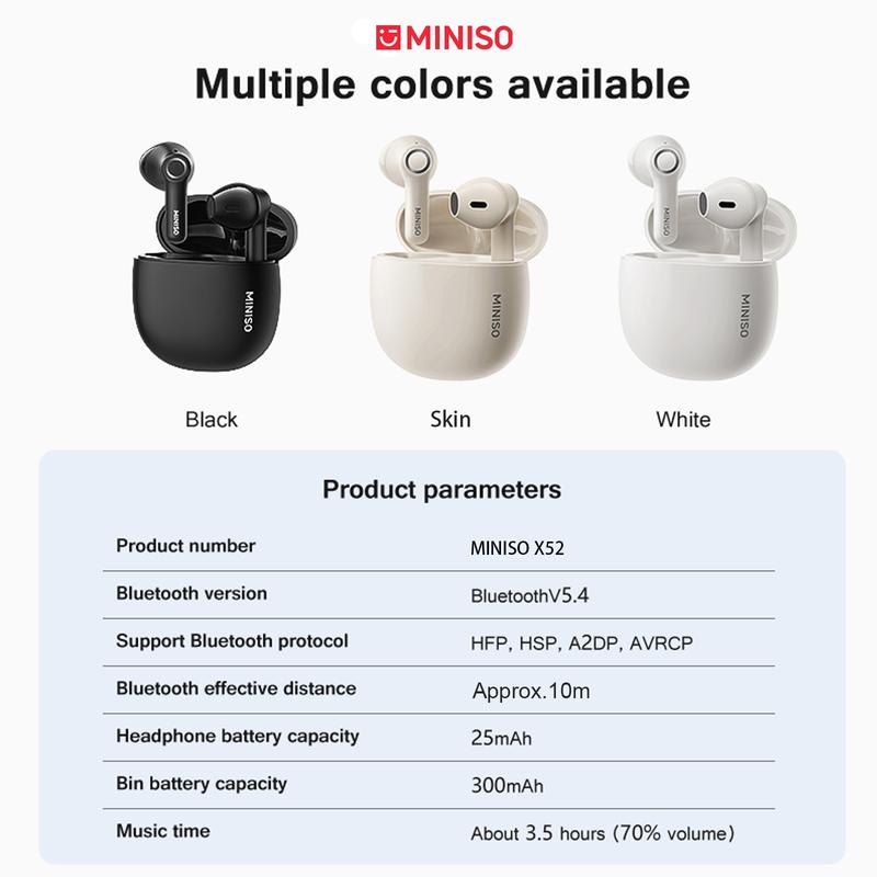 MINISO X52 Bluetooth Earphone wireless Headphones with Mic Long Battery Life Clear Calls Headsets IPX5 Waterproof Earphones Touch Control Earbuds Support Android IOS