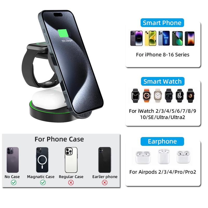 3 in 1 Wireless Charger, Foldable Magnetic Fast Charging Station, Wireless Charger Stand for iPhone 16 15 Pro Max & Apple Watch Ultra & AirPods Pro