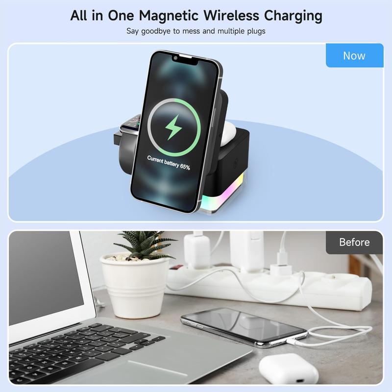 3 in 1 Cube Wireless Charger  , Foldable Charger Stand, 15W Fast Wireless Charging Station for iPhone 16 15 14 13 12 Pro Pro Max Mini Plus Series, Apple Watch, AirPods Pro (Black) Cellphone Smartphone Electronic Cellphone Smartphone