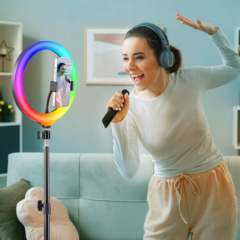 Professional 10 inch RGB ring light with 1.1m retractable stand for live streaming, food photography, reading and lighting, makeup and more