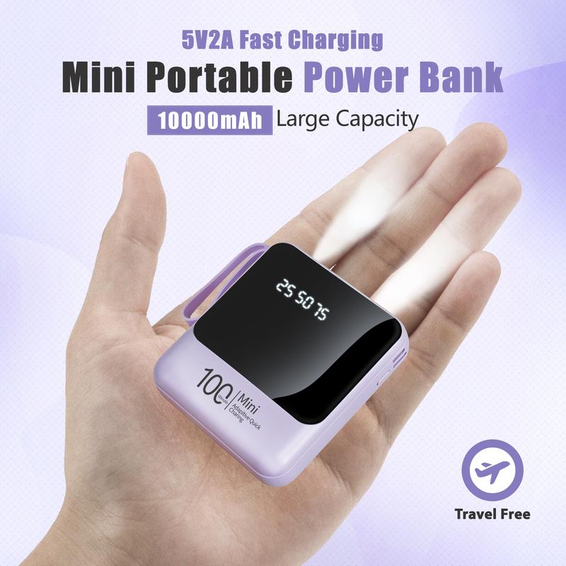 10000mAh 5V2A Cute Mini Pocket Size Fast Charging Mobile Power Bank, Small Size Large Capacity Selfie Light USB Type-C Port Portable charger, Smartphone Accessories built-in cables travel battery pack