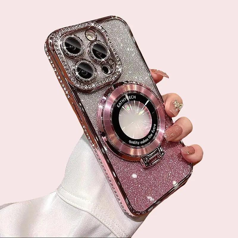 Luxury Bling Diamond Rhinestone Shockproof Magnetic Phone Case with Foldable Holder for iPhone | Sparkly Silicone Aesthetic Cellphone Protective Cover