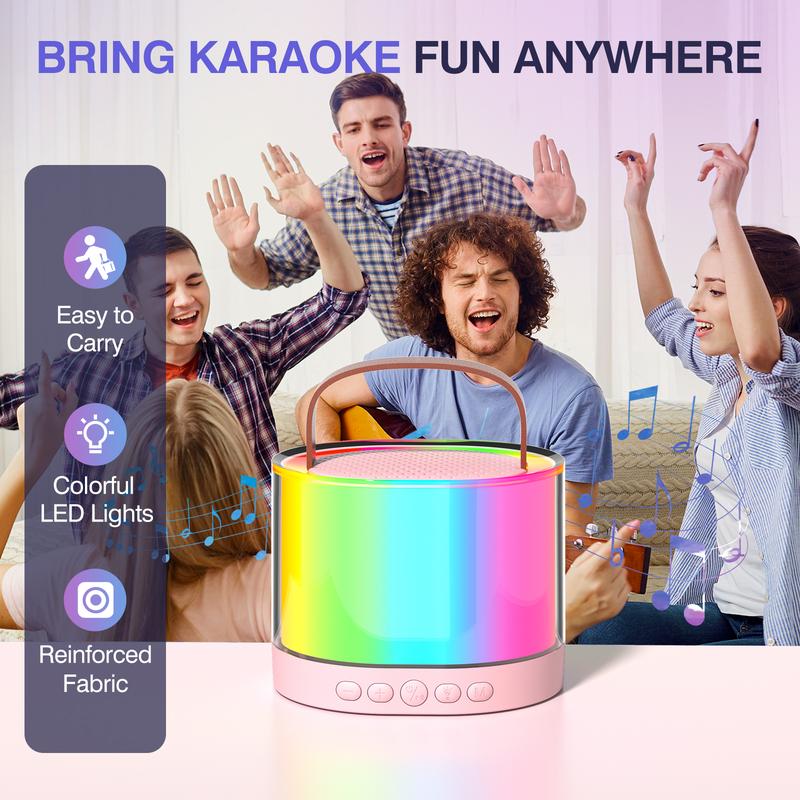 Mini Karaoke Machine K52 Upgrade for Kids Adults with 2 Wireless Mics Portable Wireless Speaker LED Lights Karaoke Gifts for girls boys Birthday Ages 4-10,12+ ,Christmas Camping Indoor Outdoor Home Party Audio Smartphone Gifts(Pink)