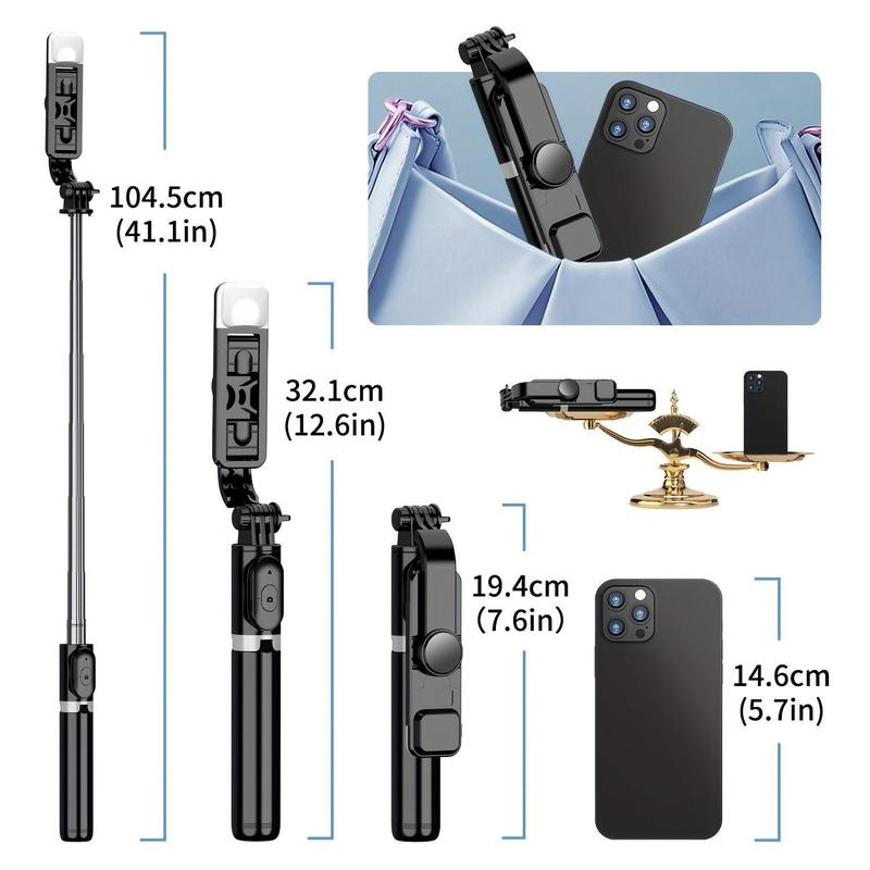 Portable Selfie Stick Phone Tripod, Rechargeable Selfie Fill Light, Multifunctional Professional Travel Tripod with Remote Control, Compatible with Android iPhone