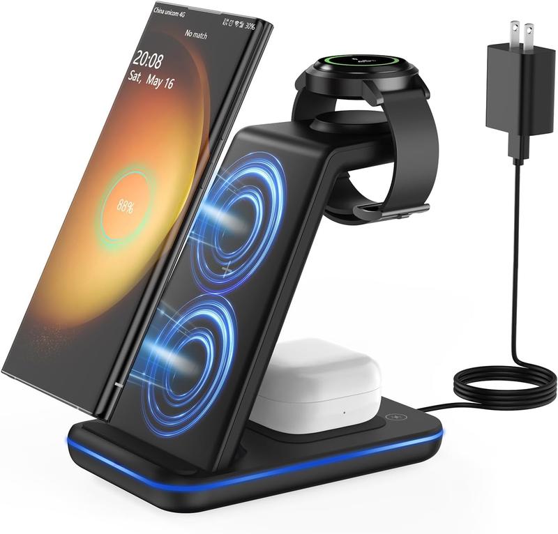 3 in 1 Wireless Charger Station for Samsung, JoyGeek 18W Travel Fast Charging Stand for Galaxy Watch5 Pro 4 3 Active2 1 S23 Ultra S23 S22 S21 S20 Note 20 Z Fold&Flip Series Buds2 Pro, Travel Business Valentine's Day New Year Tech Gift, with 18W adapter