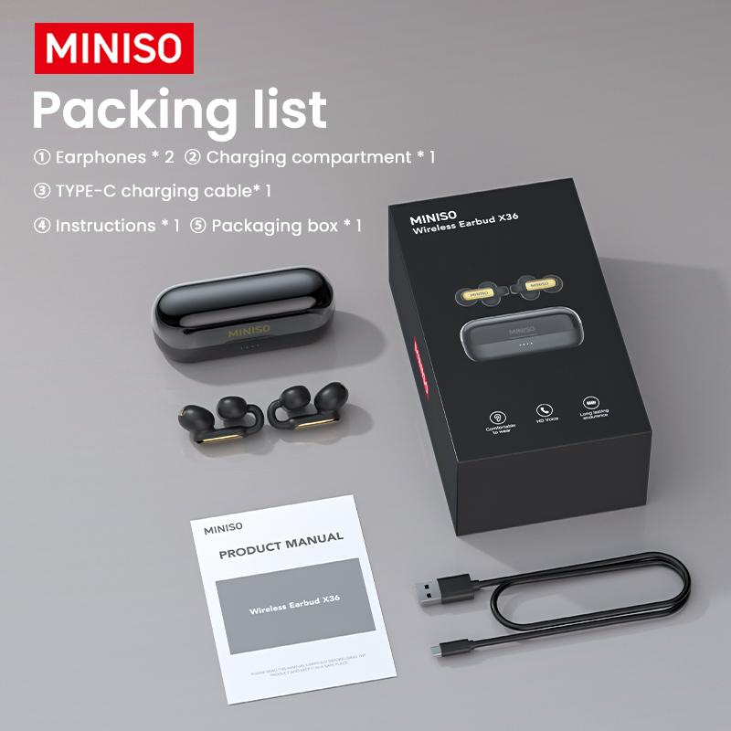 Miniso NEW X36 Ultralight Clip Open Ear Earbuds with HD Mic Immersive Audio Open Ear Wireless Clip on Earbuds for Comfort OpenAudio for Awareness Up to 40 Hours of Battery Life High Resilience Ultra Open Earbuds with IPX5 Waterproof for Running Fitness