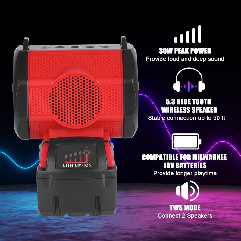 Wireless Portable Speaker Compatible for Milwaukee 18V Battery, 30W Blue Tooth Speaker, USB Output, USB Audio Source and Suitable for Indoor and Outdoor(Battery not Included)