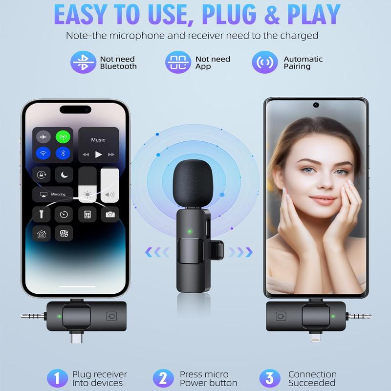 Portable Wireless Lavalier Microphones,Rechargeable Mini Lapel Clip-on Mics Microphone with Audio Amplifier Plug Receiver for All Devices Noise Reduction