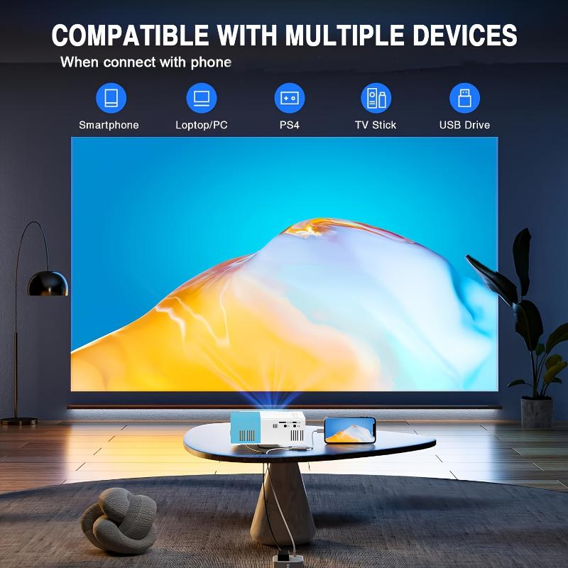 Mini Projector With 72' Screen, LED Bulb Life Of 30, 000 Hours, HD Support, Compatible With Android IOS Windows HDTV USB, Mobile Power Support, Mobile Cinema.