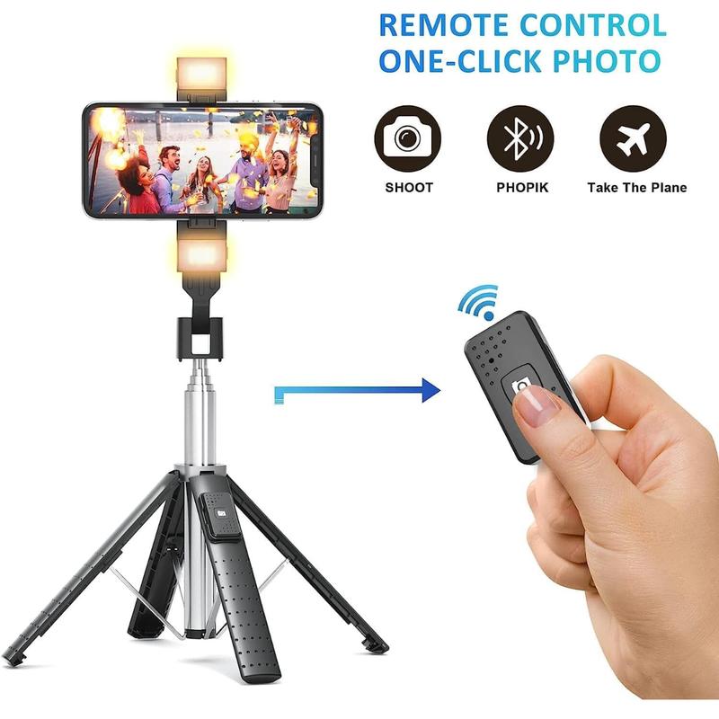 41” Selfie Stick Tripod Quadrapod with 2 Rechargeable Fill Light, Extendable Tripod with Bluetooth Remote, Stainless Steel, 3 Light Modes, 9 Brightness Levels, Compatible for All iPhone & Android