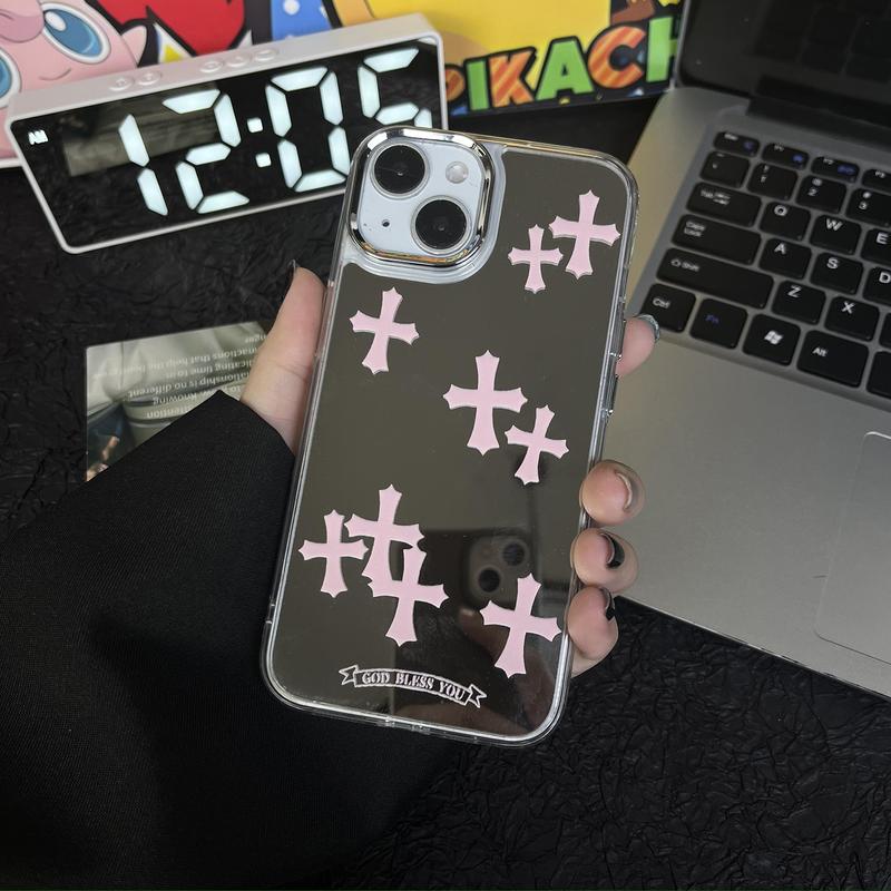 Suitable for iPhone 15 14 13 12 11 cross makeup mirror phone case, iPhone 15 pink cross makeup mirror high-end phone case