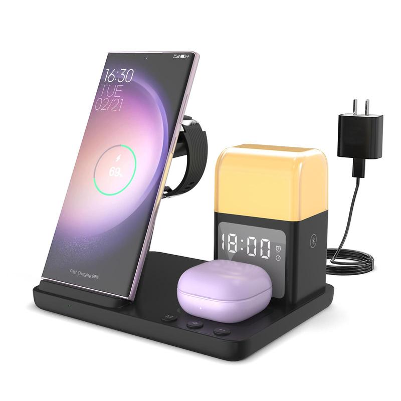 6-in-1 Wireless Charging Station, Multifunctional Wireless Charger Stand with Clock & Night Light, Charging Station for Samsung Galaxy Watch & Buds