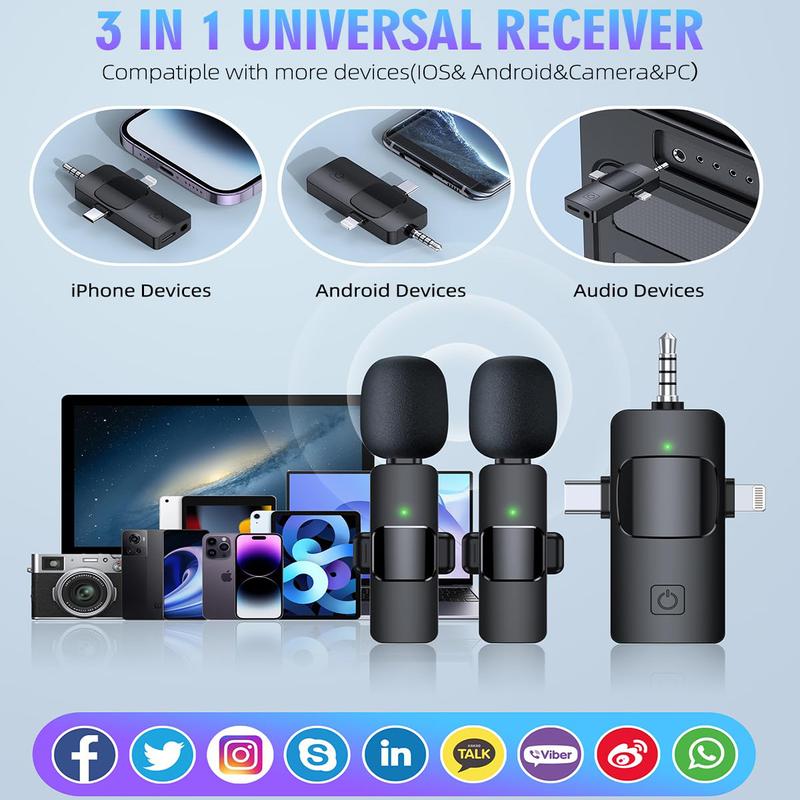 Portable Wireless Lavalier Microphones,Rechargeable Mini Lapel Clip-on Mics Microphone with Audio Amplifier Plug Receiver for All Devices Noise Reduction