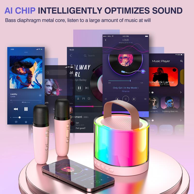 Mini Karaoke Machine K52 Upgrade for Kids Adults with 2 Wireless Mics Portable Wireless Speaker LED Lights Karaoke Gifts for girls boys Birthday Ages 4-10,12+ ,Christmas Camping Indoor Outdoor Home Party Audio Smartphone Gifts(Pink)