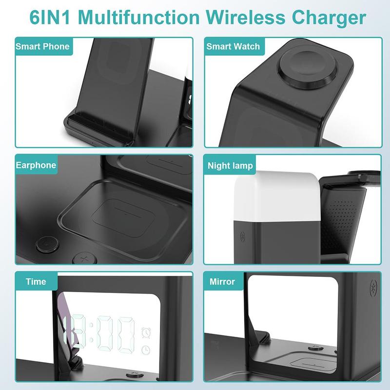 6-in-1 Wireless Charging Station, Multifunctional Wireless Charger Stand with Clock & Night Light, Charging Station for Samsung Galaxy Watch & Buds