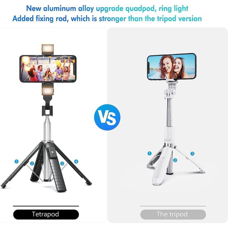 41” Selfie Stick Tripod Quadrapod with 2 Rechargeable Fill Light, Extendable Tripod with Bluetooth Remote, Stainless Steel, 3 Light Modes, 9 Brightness Levels, Compatible for All iPhone & Android