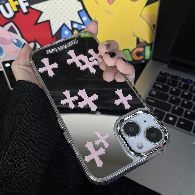 Suitable for iPhone 15 14 13 12 11 cross makeup mirror phone case, iPhone 15 pink cross makeup mirror high-end phone case