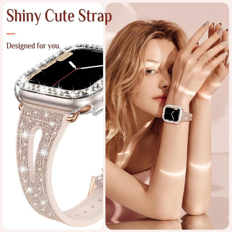 Women's Fashionable Watch Band & Rhinestone Decor Watch Case (2 Counts), 1 Watch Band & 1 Watch Case Set, Wearable Accessories Compatible With Apple Watch Case 38 40 41 42 44 45mm