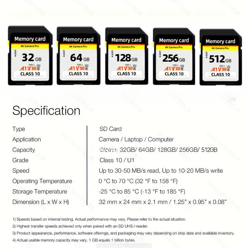 SD Card, 1 Count High Speed Memory Card, Universal Class 10 3D 4K V30 Video High Speed Capacity UHS-I SD Card For Camera, Camera Accessories