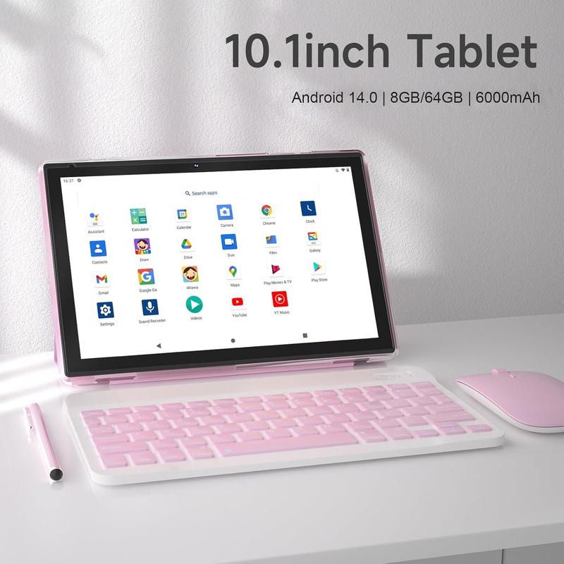 10 inch Android 14 Tablet with Keyboard, 2 in 1 Tablets Set Include Case Mouse Stylus, 8GB RAM+64GB ROM, Quad Core 10.1'' Tab, 6000mAh Battery, 8MP Dual Camera,  GMS Certification Tableta