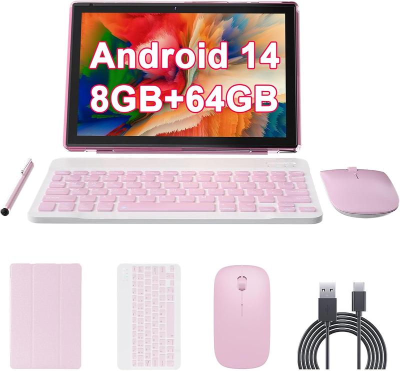 10 inch Android 14 Tablet with Keyboard, 2 in 1 Tablets Set Include Case Mouse Stylus, 8GB RAM+64GB ROM, Quad Core 10.1'' Tab, 6000mAh Battery, 8MP Dual Camera,  GMS Certification Tableta