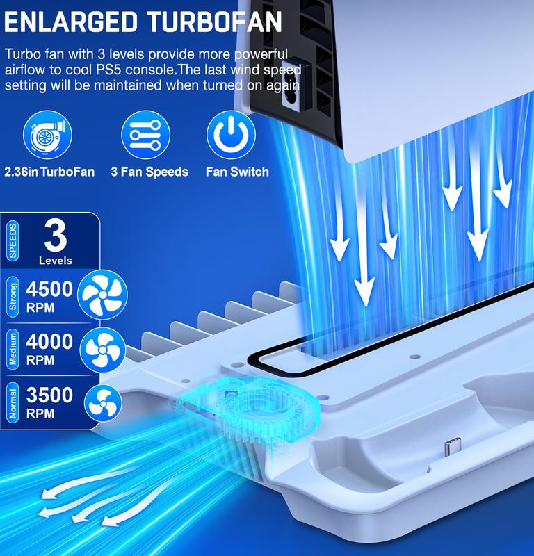 PS5 Slim Stand and Cooling Station with Controller Charging Station for  PS5 Pro PS5 Slim PS5 Disc Digital Console, PS5 Accessories 3 Levels Cooling Fan, 13 Game Slots, 3 USB HUB, Headset Holder