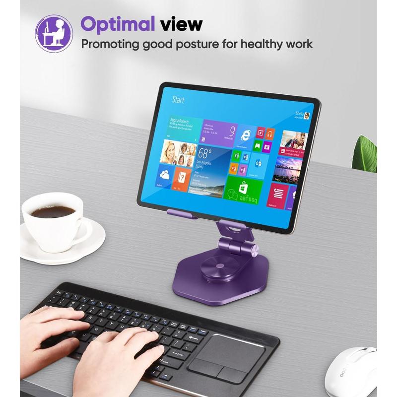 Tablet Stand Holder for Desk, Swivel iPad Stand with 360 Rotating Base, Aluminum Foldable Desktop Stand Holder Compatible with All Tablet Such as iPad Pro 12.9,11,10.5,9.7, Purple