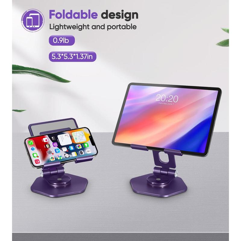 Tablet Stand Holder for Desk, Swivel iPad Stand with 360 Rotating Base, Aluminum Foldable Desktop Stand Holder Compatible with All Tablet Such as iPad Pro 12.9,11,10.5,9.7, Purple