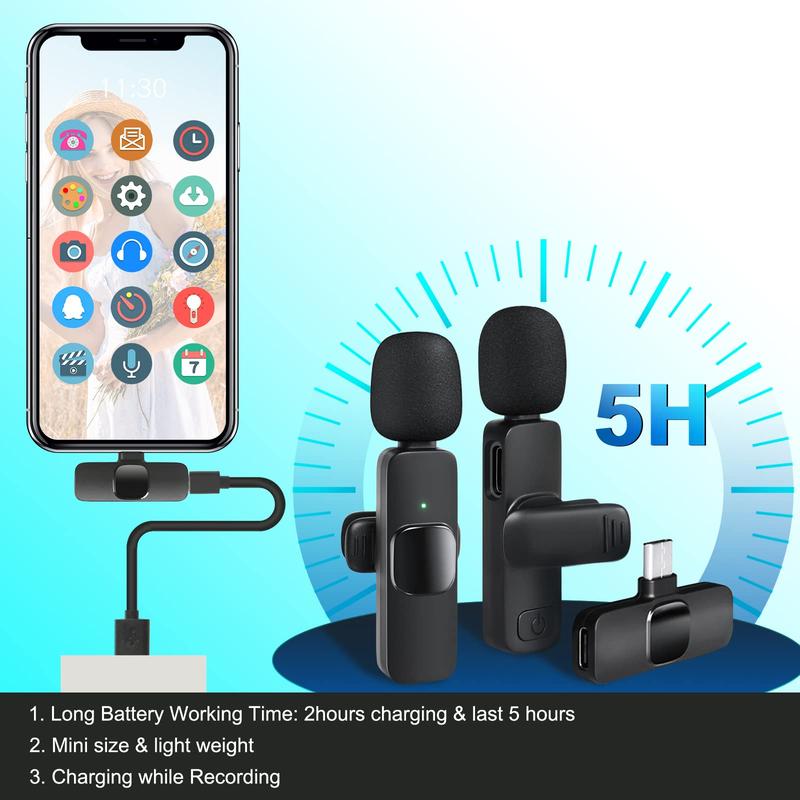 Christmas gift, 1 count Wireless Lavalier Lapel Microphone for iPhone, Android, iPad - Cordless Omnidirectional Condenser Recording Mic for Interview Video Podcast Vlog,(black)