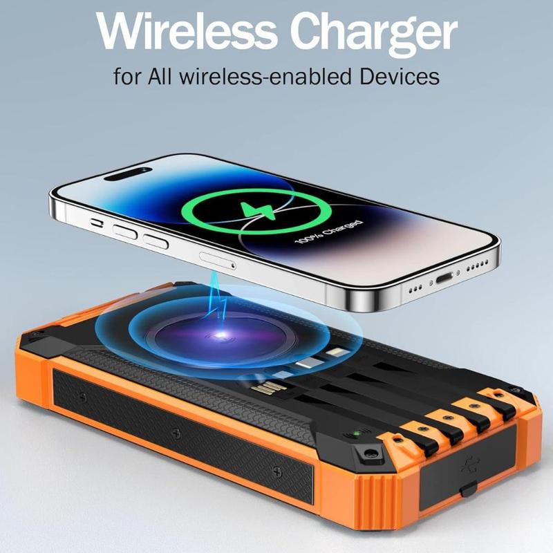 20000mAh Solar Powered Power Bank, 1 Count Wireless Charger with Built in 4 Cables, 15W Fast Charging Power Bank for All Mobile Devices