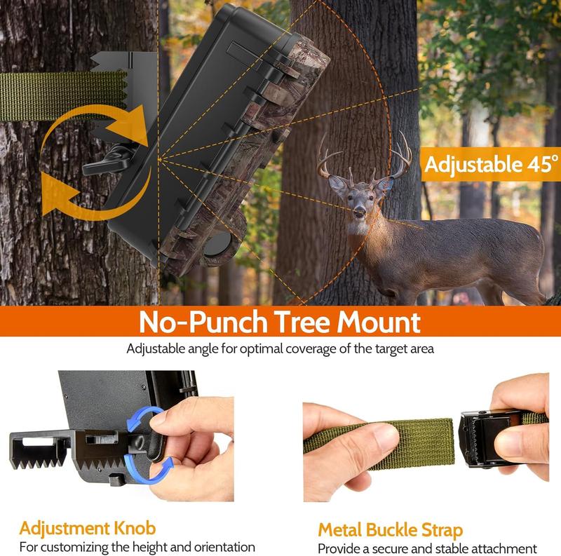 4K 48MP Trail Camera for Hunting, Game Cameras with Night Vision 80ft, 0.1s Motion Activated Wildlife Camera Waterproof IP66, No Glow Deer Camera with Screen SD Card Tree Strap for Outdoor Animal Audio