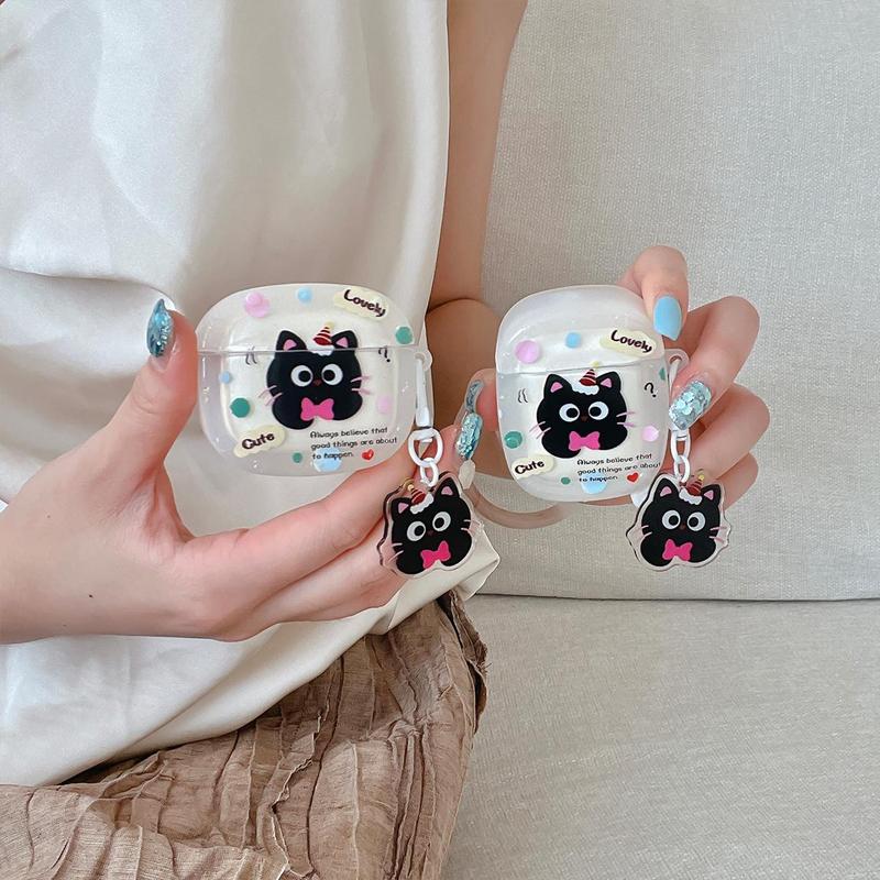 Cute Cartoon Cat Bow Design Earphone Case with Pendant, 1 Count Soft TPU Earphones Protective Cover, Earphone Accessories Compatible with AirPods 1 2 Pro 3